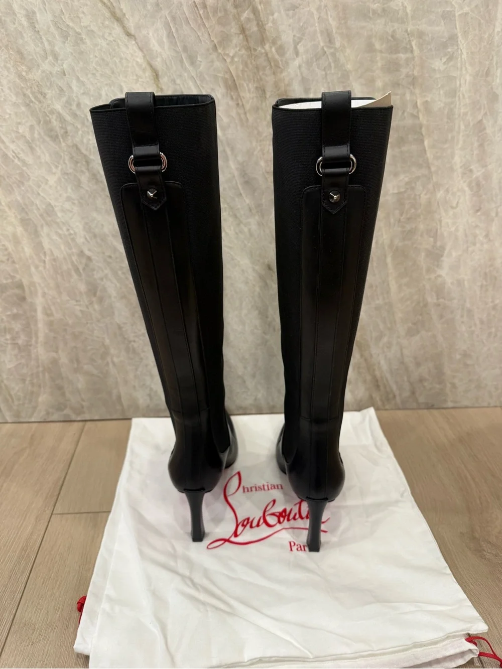 Christian Louboutin Black Over-the-Knee Pointed-Toe Stiletto Boots with Red Sole